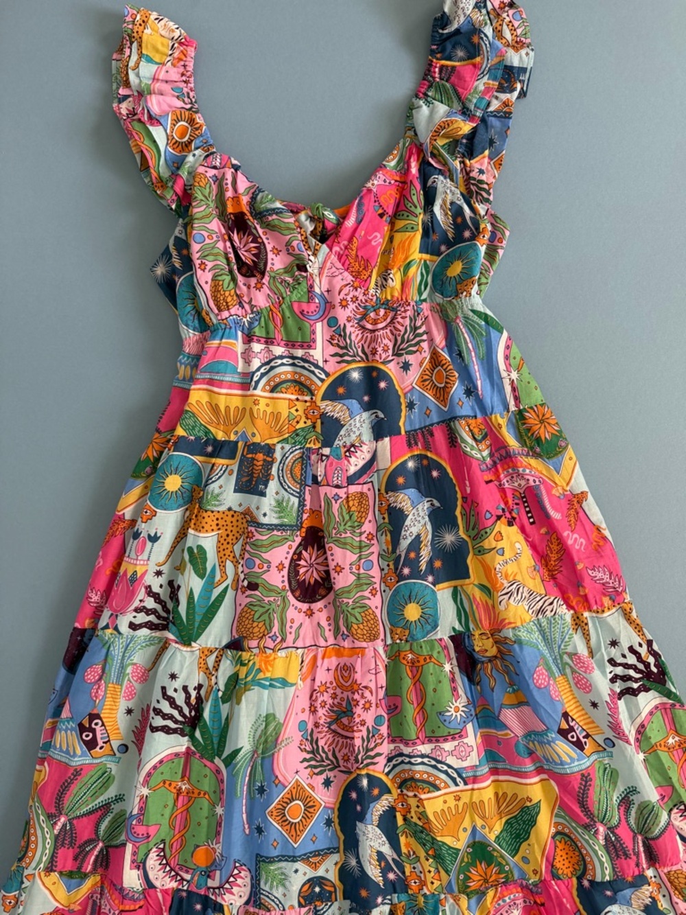 NWT J.Marie Sloane Ruffle Sleeve Celestial Zodiac Colorful Boho Tie Midi Dress - Picture 6 of 8